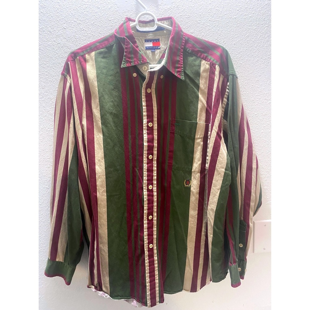 Vintage Tommy Hilfiger Striped Button Up Shirt Men's Size L Burgundy‎ Green Tan